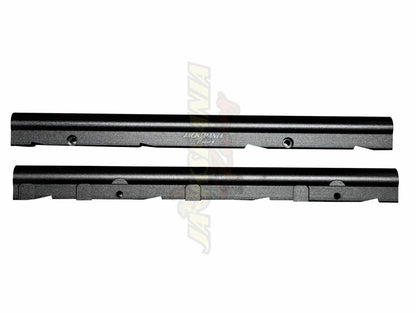 Billet LS fuel rail kit for GM LS3 V8 engine, includes OE intake manifold hardware and AN8 fittings by Jack Spania Racing.
