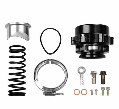 Jack Spania Racing Q BV50 50mm blow-off valve for engine, compatible with TiAL springs, featuring adjustable spring pressure.