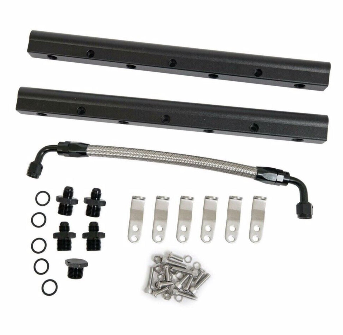 Billet fuel rail kit for LS engine models by Jack Spania Racing, includes hardware and 6AN fittings for intake manifold upgrade.