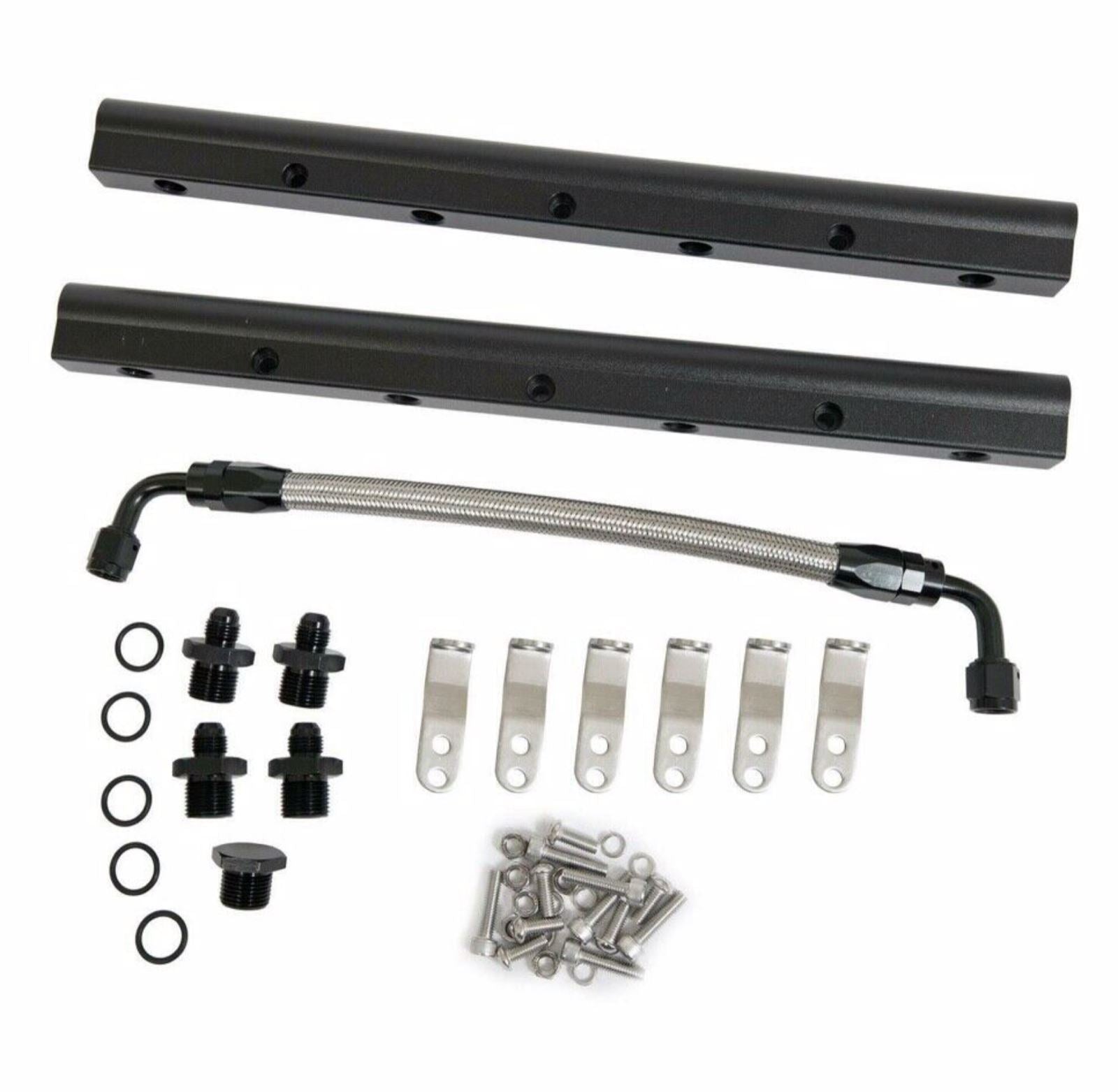 Billet fuel rail kit for LS engine models by Jack Spania Racing, includes hardware and 6AN fittings for intake manifold upgrade.