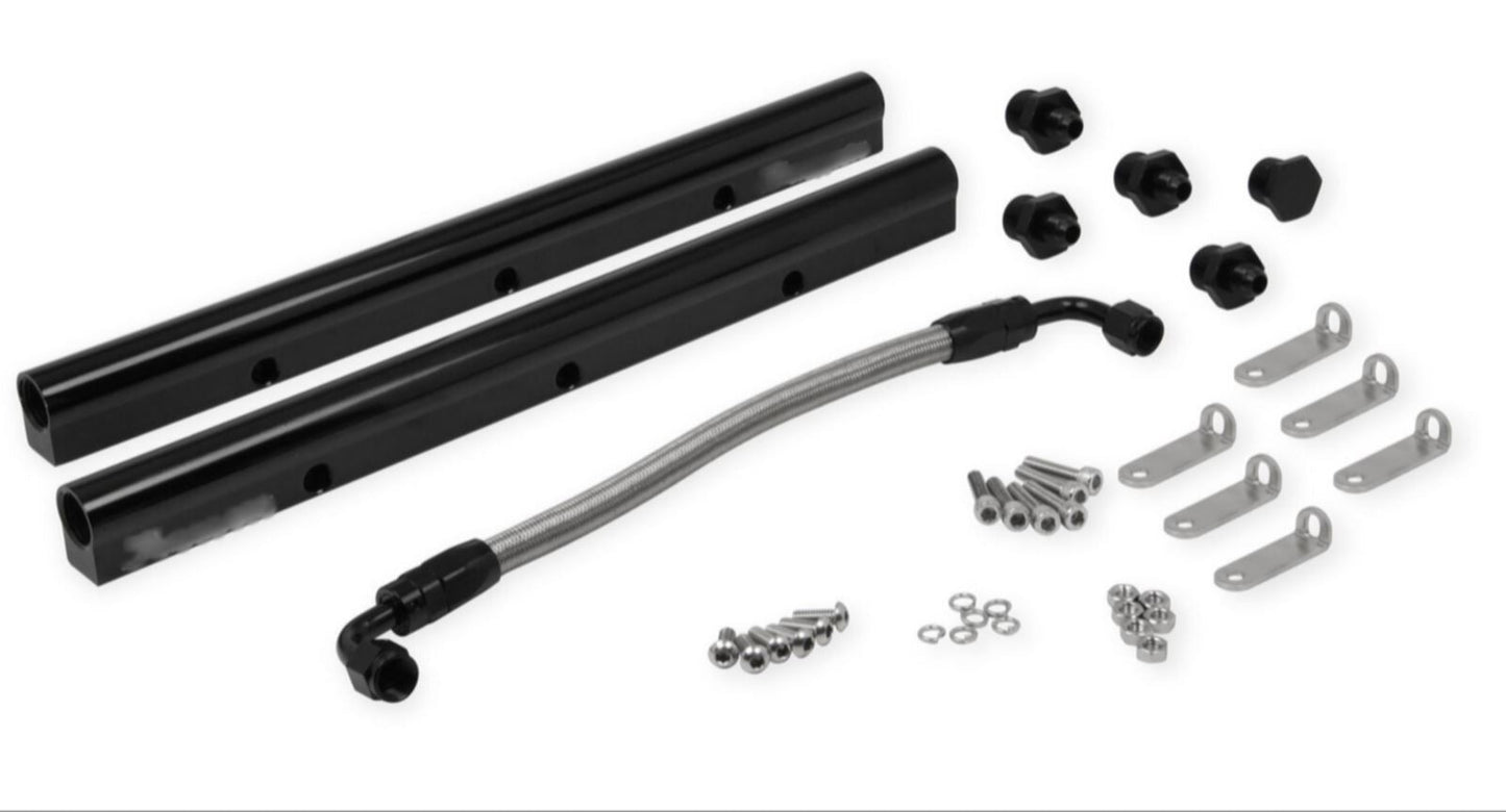 Billet Fuel Rail Kit for LS engine, includes 6AN fittings and hardware, from Jack Spania Racing, for LS1, LS2, LS3, LS6, LSX intake manifolds.