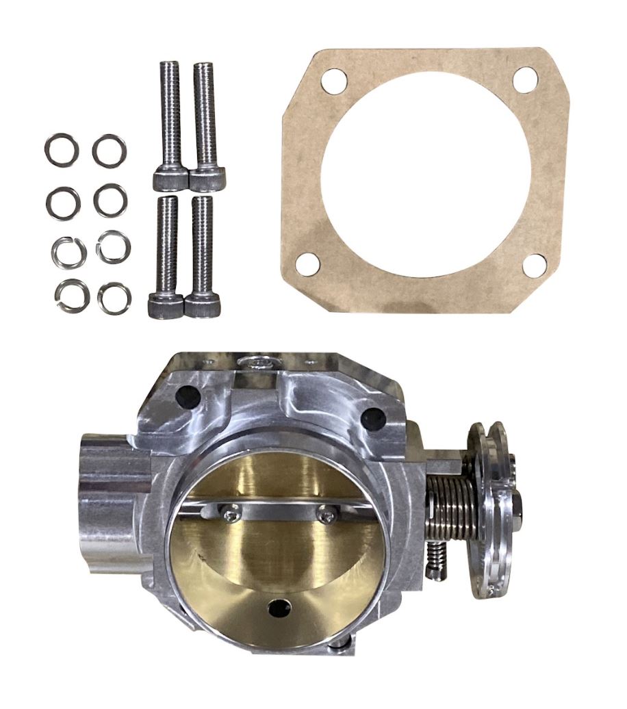 Jack Spania Racing B D F H Series 70mm billet throttle body for engine performance, shown with polished metal finish.