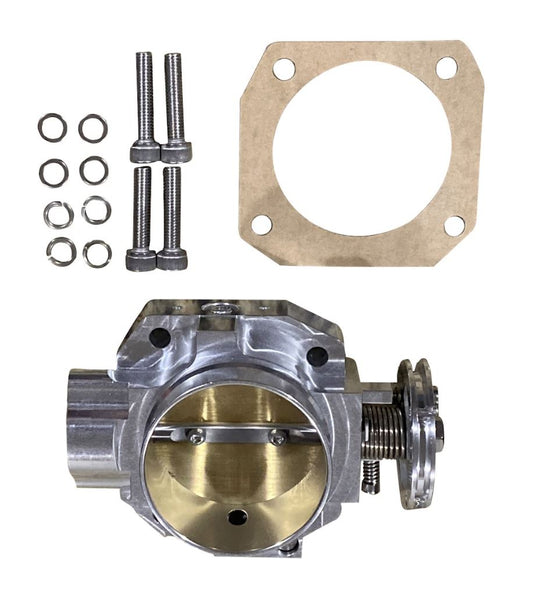 Jack Spania Racing B D F H Series 70mm billet throttle body for engine performance, shown with polished metal finish.