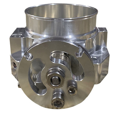 Jack Spania Racing B D F H Series 70mm billet throttle body for engine performance, showing metallic construction and mounting points.