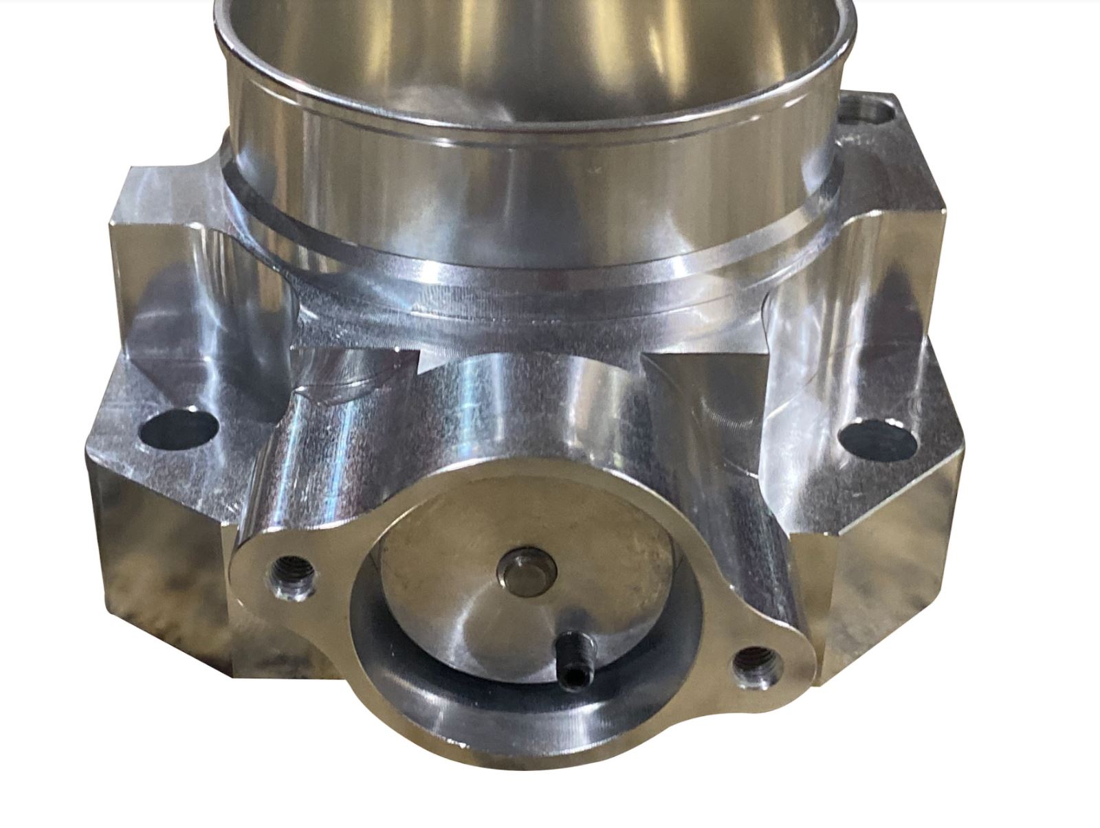 Jack Spania Racing B D F H Series 70mm billet throttle body for engine performance, showing the polished metal component.