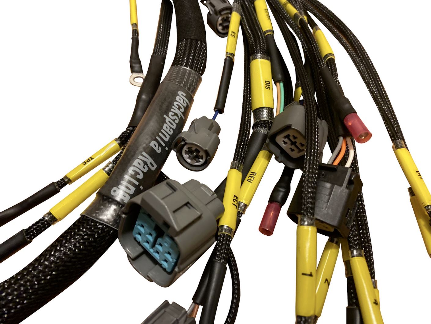 Jack Spania Racing OBD2 Budget H F Series Tucked Engine Harness for vehicle engine diagnostics and wiring.