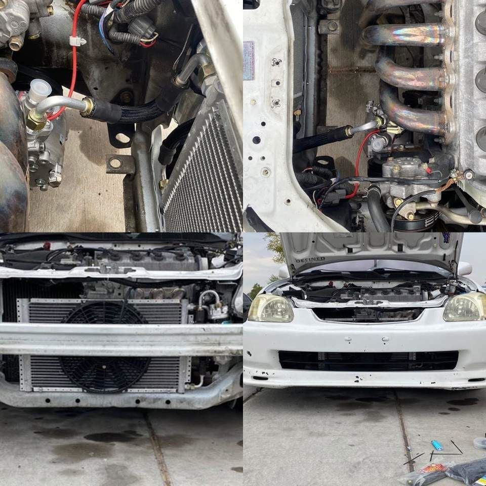 Jack Spania Racing D Series AC Line Tuck Kit installed in Honda Civic Si or Acura Integra DC2 engine bay, showcasing engine parts.