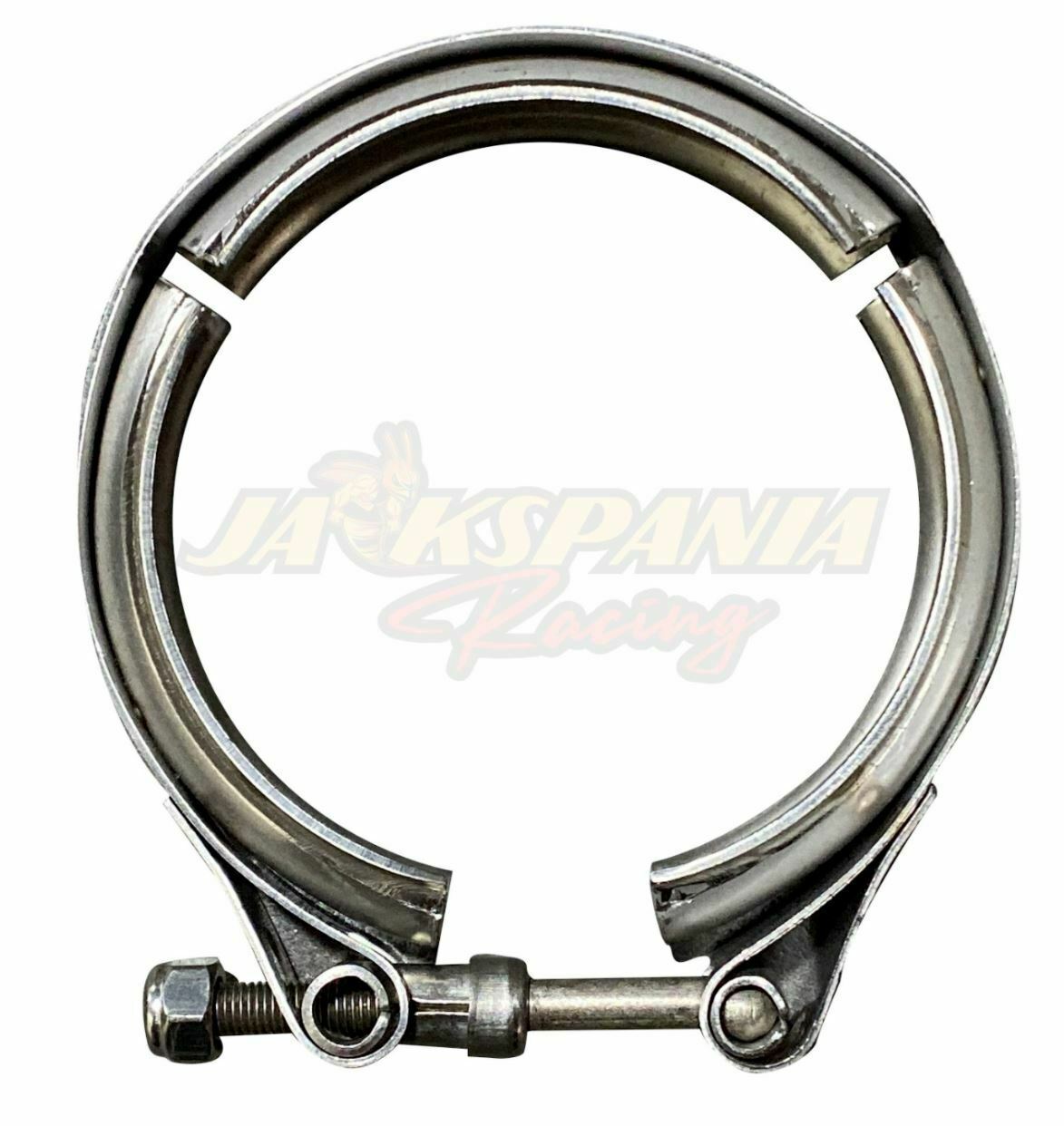 Universal 2.5-inch stainless steel V-band turbo downpipe exhaust clamp from Jack Spania Racing, made of durable 304 stainless steel.