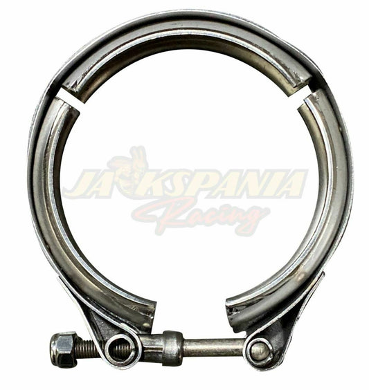 Universal 2.5-inch stainless steel V-band turbo downpipe exhaust clamp from Jack Spania Racing, made of durable 304 stainless steel.