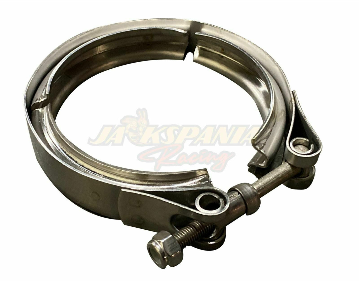 Jack Spania Racing stainless steel 2.5-inch V-band turbo downpipe exhaust clamp, durable 304 stainless steel construction.