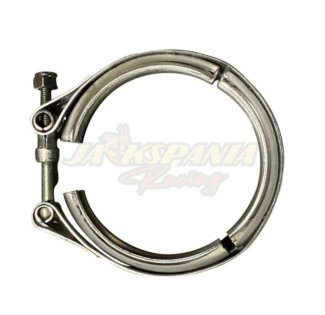 Universal 2.5-inch stainless steel V-band turbo downpipe exhaust clamp by Jack Spania Racing, featuring durable 304 stainless steel construction.
