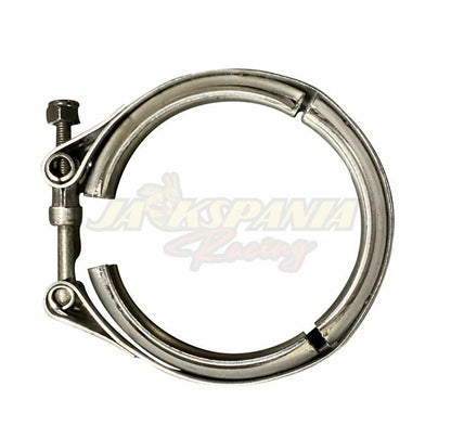 Universal 2.5-inch stainless steel V-band turbo downpipe exhaust clamp by Jack Spania Racing, featuring durable 304 stainless steel construction.