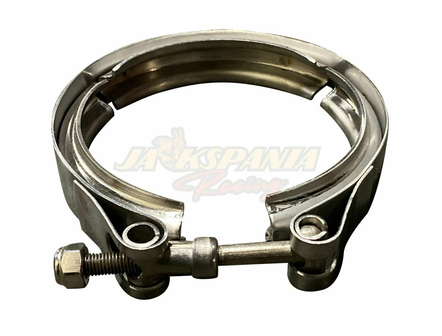 Universal 2.5-inch stainless steel VBand turbo downpipe exhaust clamp by Jack Spania Racing, featuring durable Vband design.