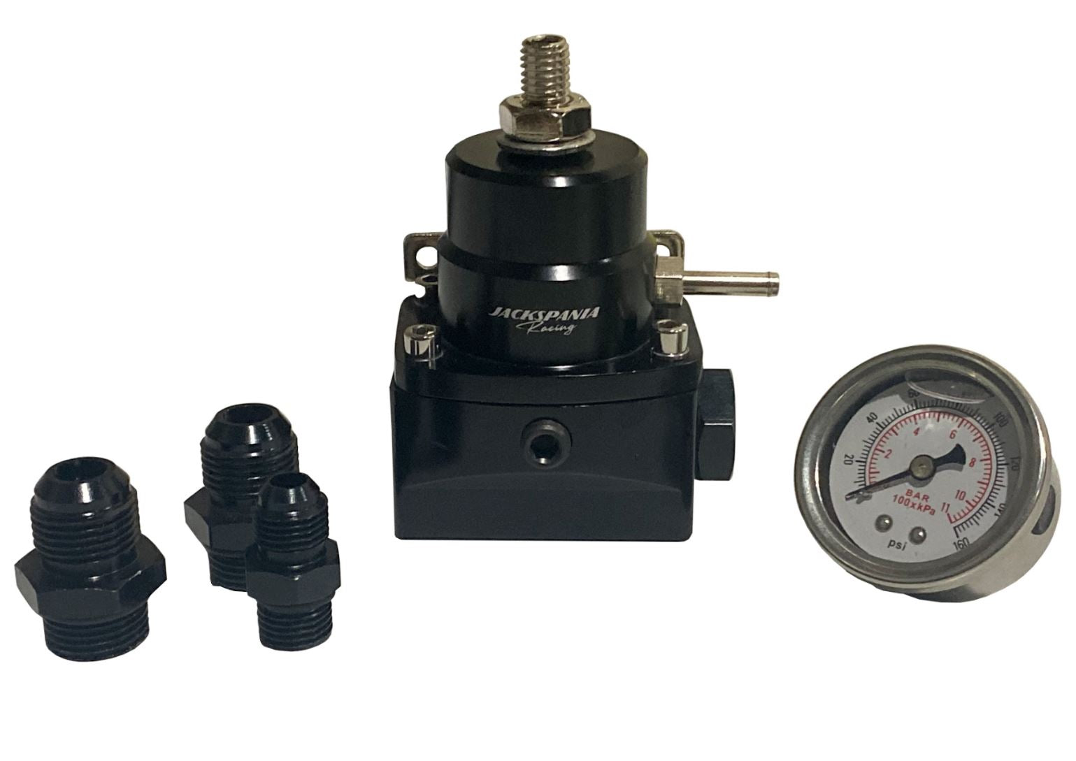 Jack Spania Racing AN8 EFI fuel pressure regulator with gauge, E85 compatible, high-pressure engine part for performance vehicles