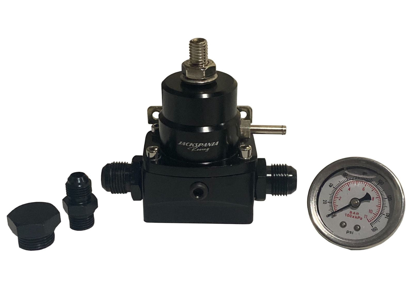 Jack Spania Racing AN8 EFI fuel pressure regulator with gauge, E85 compatible, high-pressure engine part for performance vehicles.