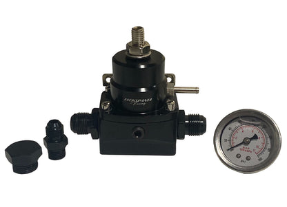 Jack Spania Racing AN8 EFI fuel pressure regulator with gauge, E85 compatible, high-pressure engine part for performance vehicles.
