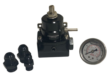 Jack Spania Racing AN8 EFI fuel pressure regulator with gauge, E85 compatible, high-pressure engine part for optimal fuel system performance.