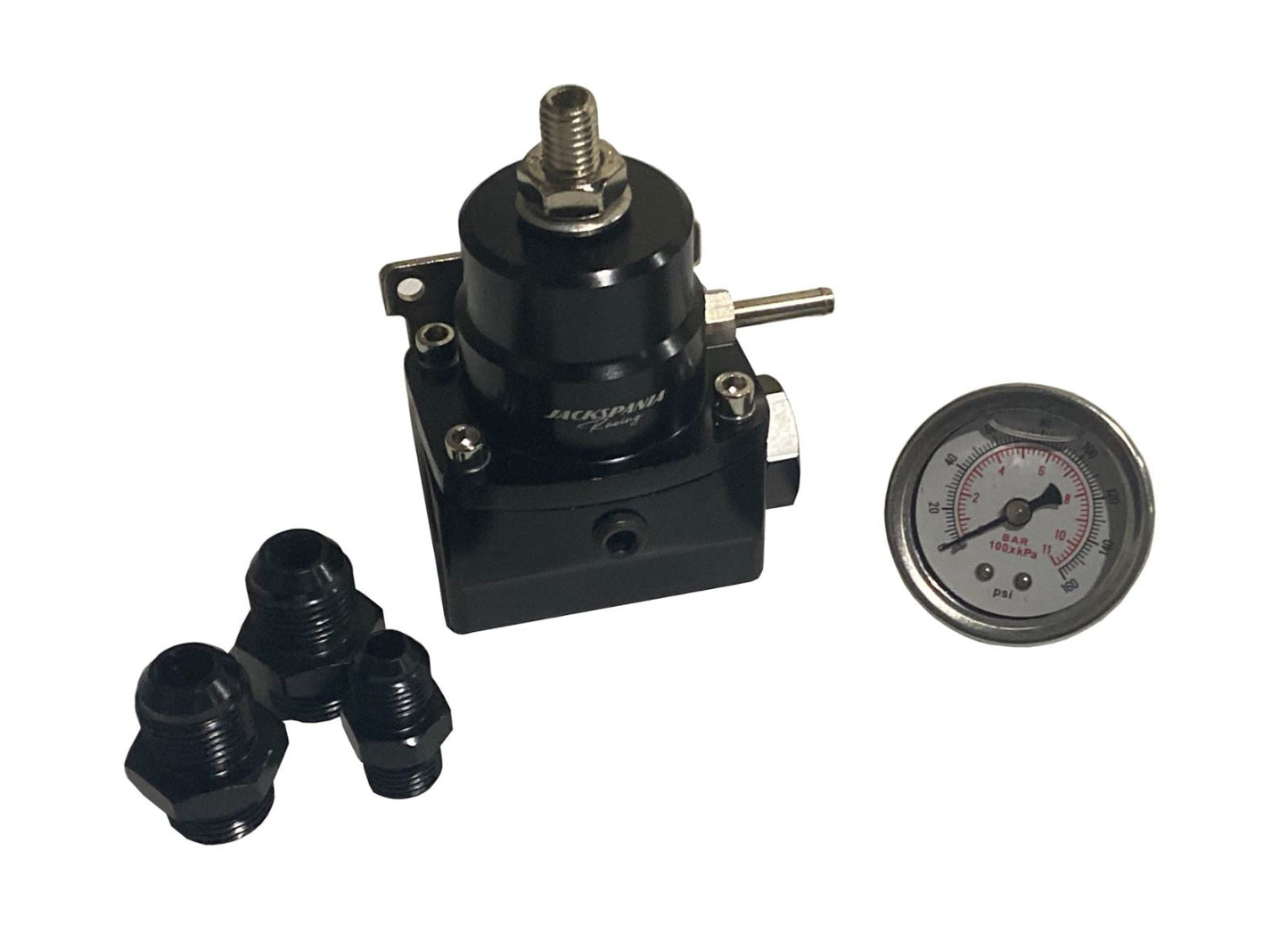 Jack Spania Racing AN8 EFI fuel pressure regulator with gauge, E85 compatible, high-pressure engine part for performance vehicles.