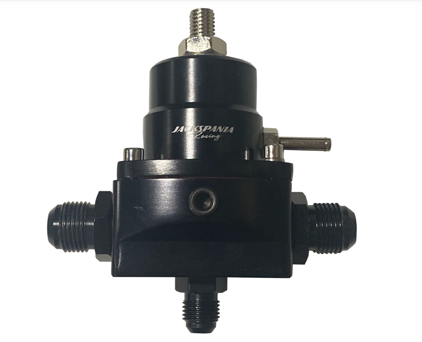Jack Spania Racing AN8 EFI fuel pressure regulator with gauge, E85 compatible, high-pressure engine part for performance vehicles.