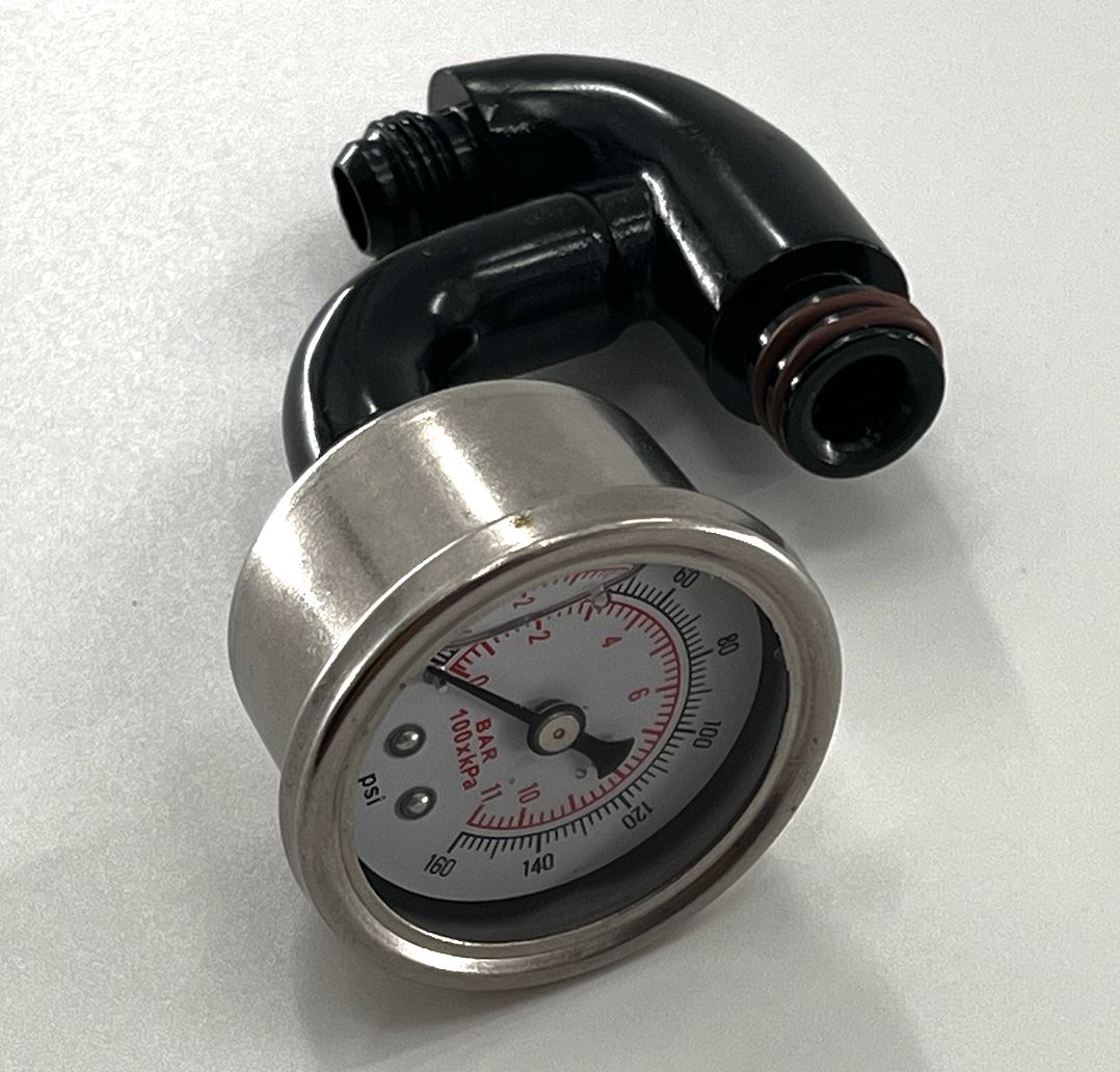 Jack Spania Racing center mount fuel gauge with AN6 fitting for K Tuned fuel rail on K Series K20 K24 engine.