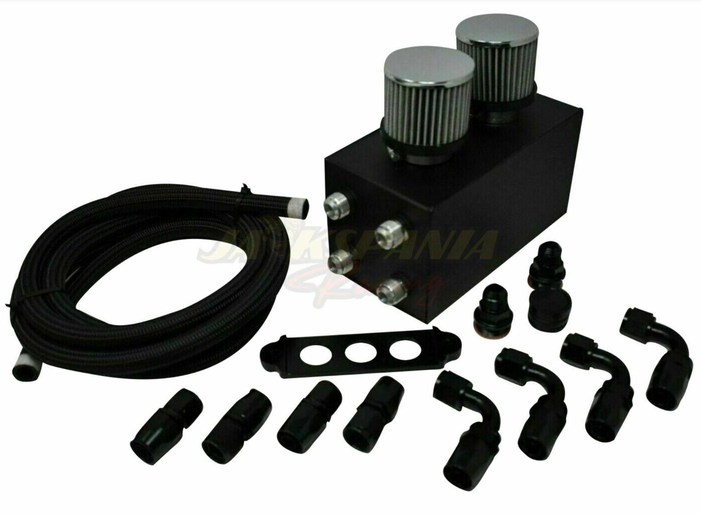 Jack Spania Racing battery relocation oil catch can for EK, EG, CRX, DC2 Si Type R with 4-port 10AN hoses, engine parts.