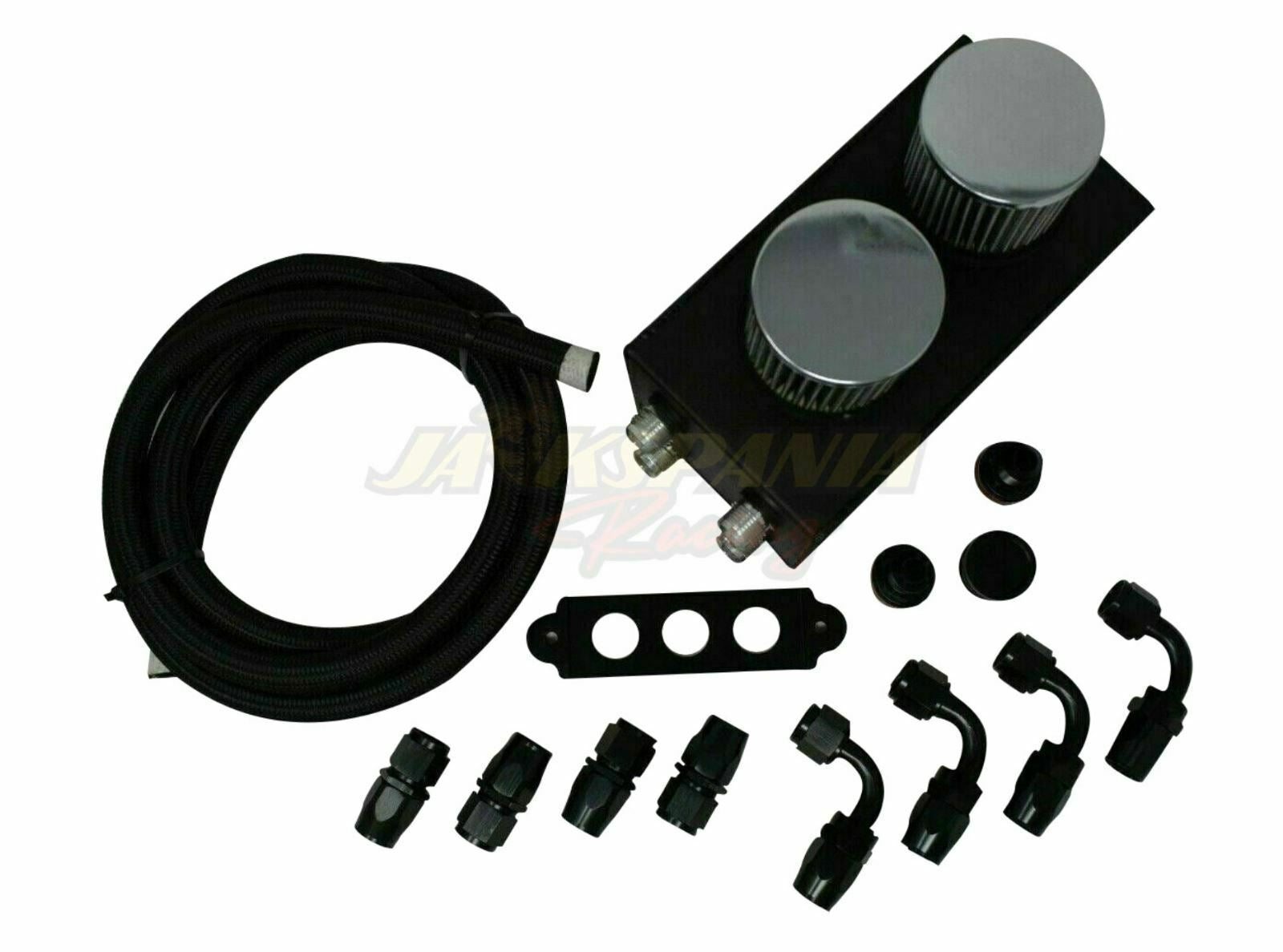 Jack Spania Racing battery relocation oil catch can for EK, EG, CRX, DC2 Si Type R with 4-port 10AN hoses, engine parts accessory.
