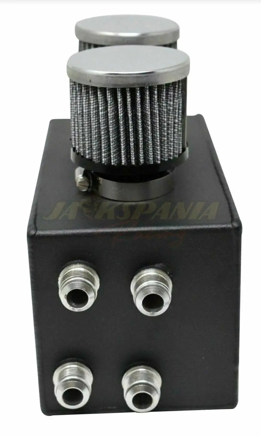 Jack Spania Racing Pro Series oil catch can with hoses for Honda Civic and Acura Integra 4-port engine, black metal with fittings.