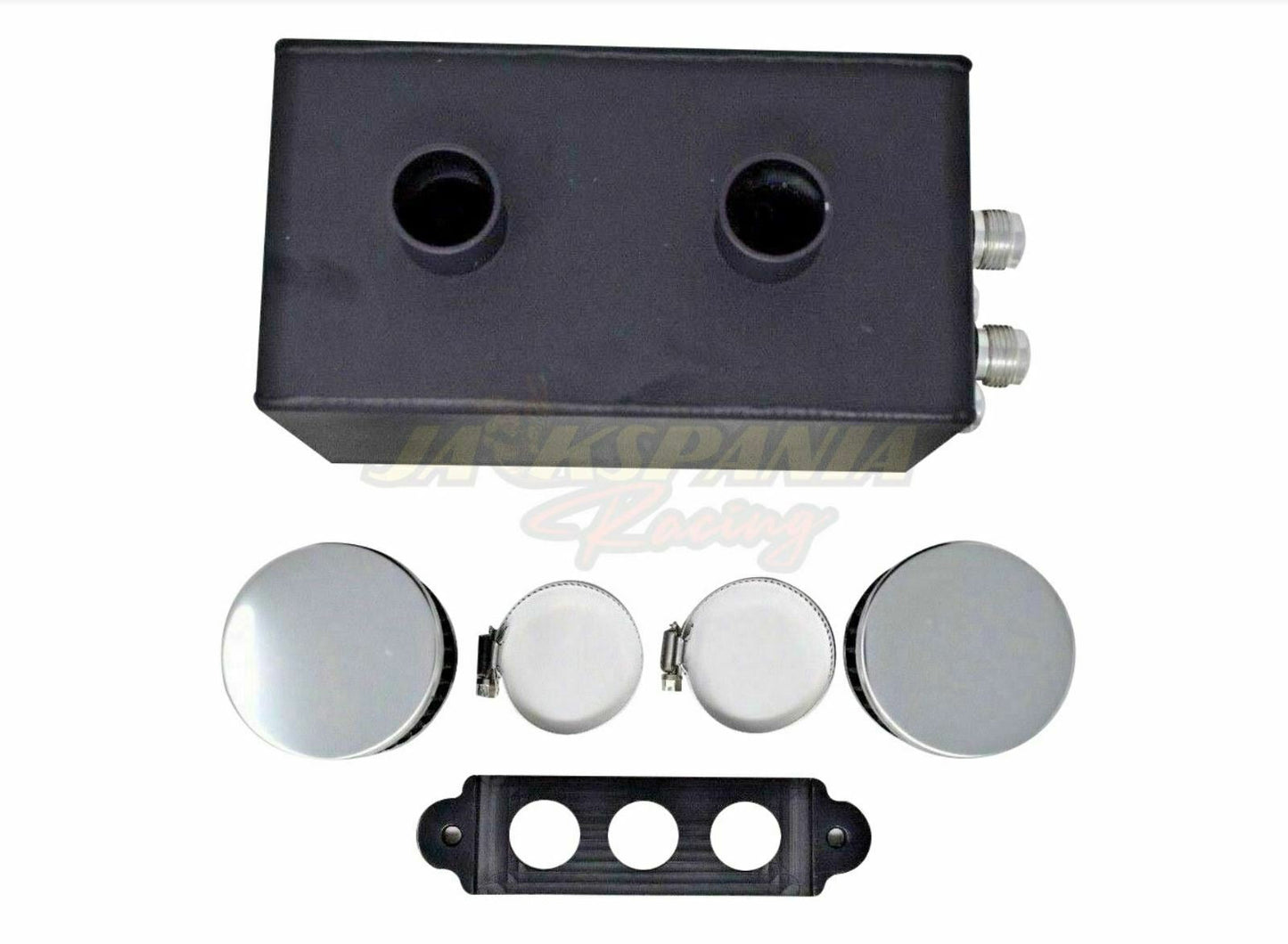 Jack Spania Racing battery relocation oil catch can with 4 ports and 10AN hoses for EK, EG, CRX, DC2 Si Type R engine applications.