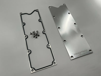 Engine valley pan cover with gasket and knock sensor delete for LSX, LS1, LS6, and LS2 engines by Jack Spania Racing.