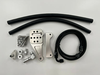 Power steering relocation kit for Honda Acura RSX 02-04 K Swap EG EK DC2 CRX Si by Jack Spania Racing, showing parts installed in engine bay.