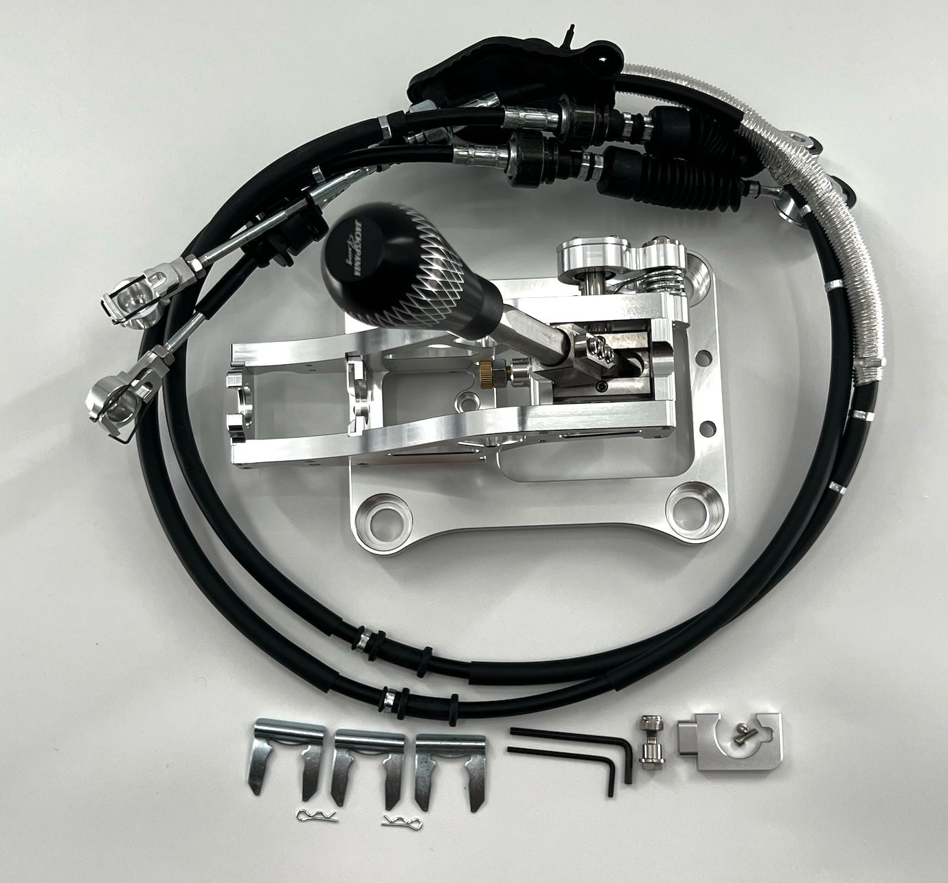 Jack Spania Racing billet shifter base plate with cables kit for TSX, TL, and Accord K Series transmission parts.