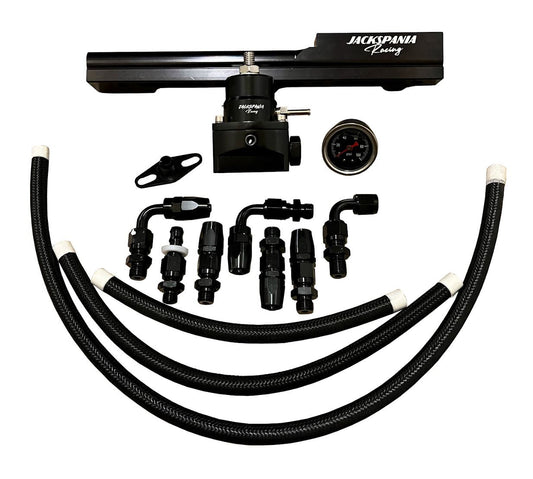 Fuel pressure regulator gauge rail for Honda Acura B D Series engines, manufactured by Jack Spania Racing, installed on engine.