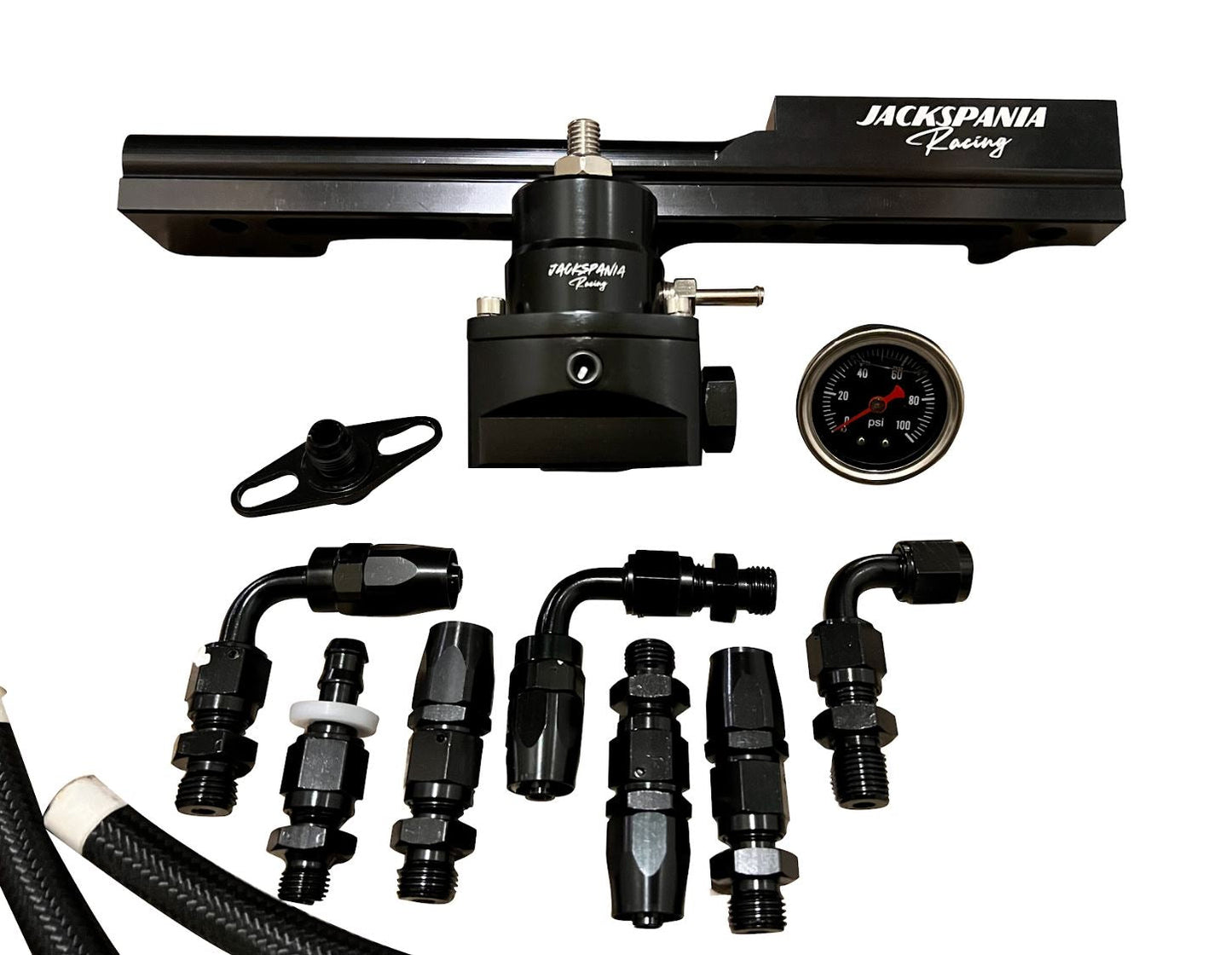 Fuel pressure regulator gauge rail for Honda Acura B D Series engines, high-performance engine part by Jack Spania Racing.