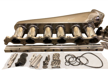 Jack Spania Racing 2JZ-GTE billet intake manifold, fuel rail, and 90mm throttle body for Supra 2J swap engine parts.