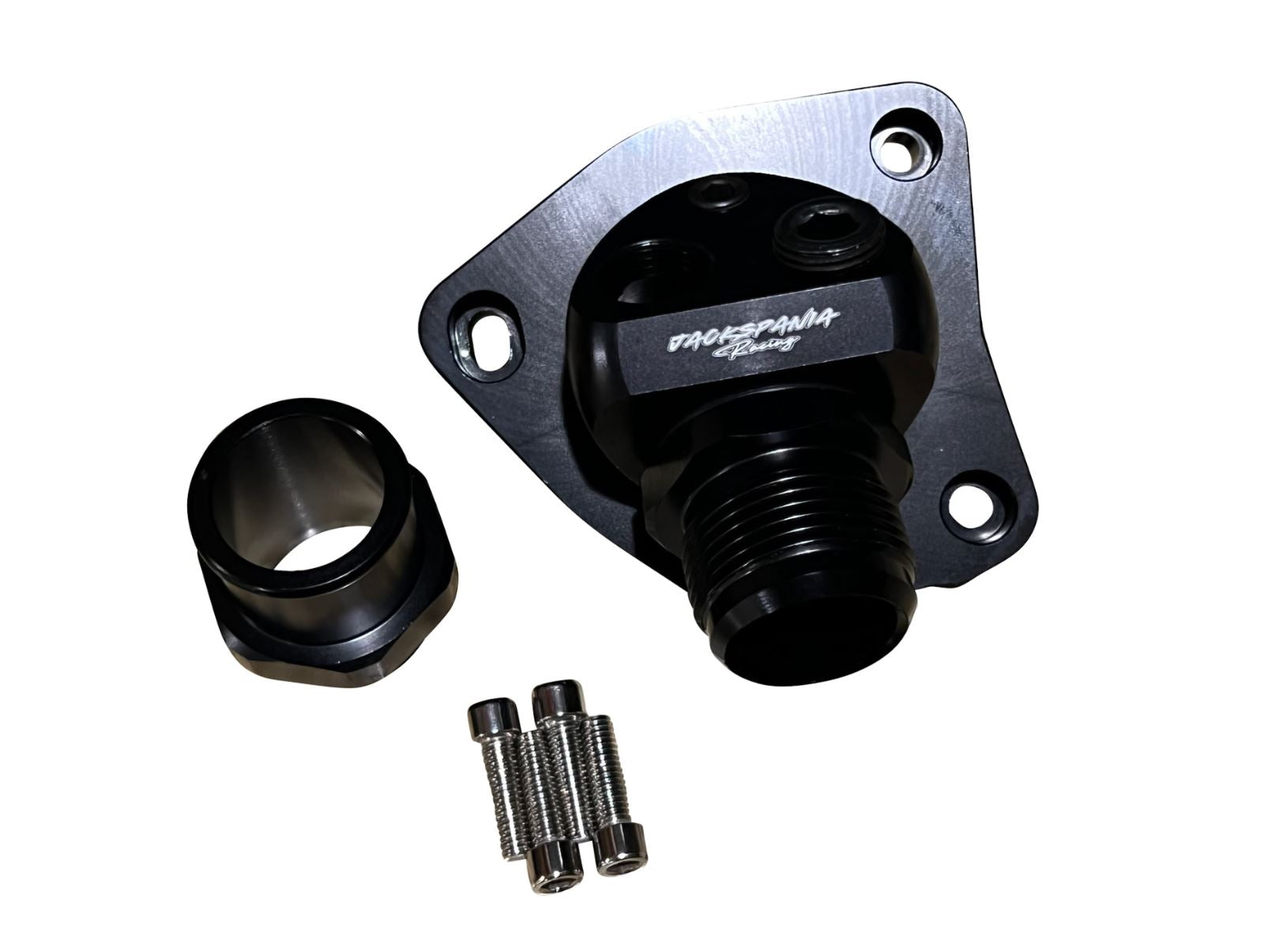 Jack Spania Racing swivel neck thermostat housing for K-series K20 K24 engines, compatible with radiator hoses and K-swap Civics.