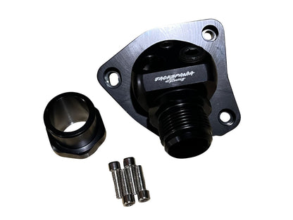 Jack Spania Racing swivel neck thermostat housing for K-series K20 K24 engines, compatible with radiator hoses and K-swap Civics.