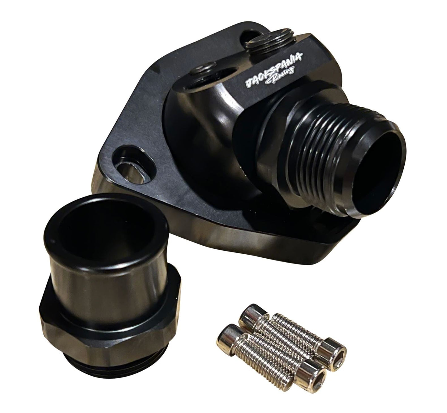Jack Spania Racing swivel neck thermostat housing for K-series K20 K24 engines, fits radiator hoses in Honda Civic K-Swap engine setups.