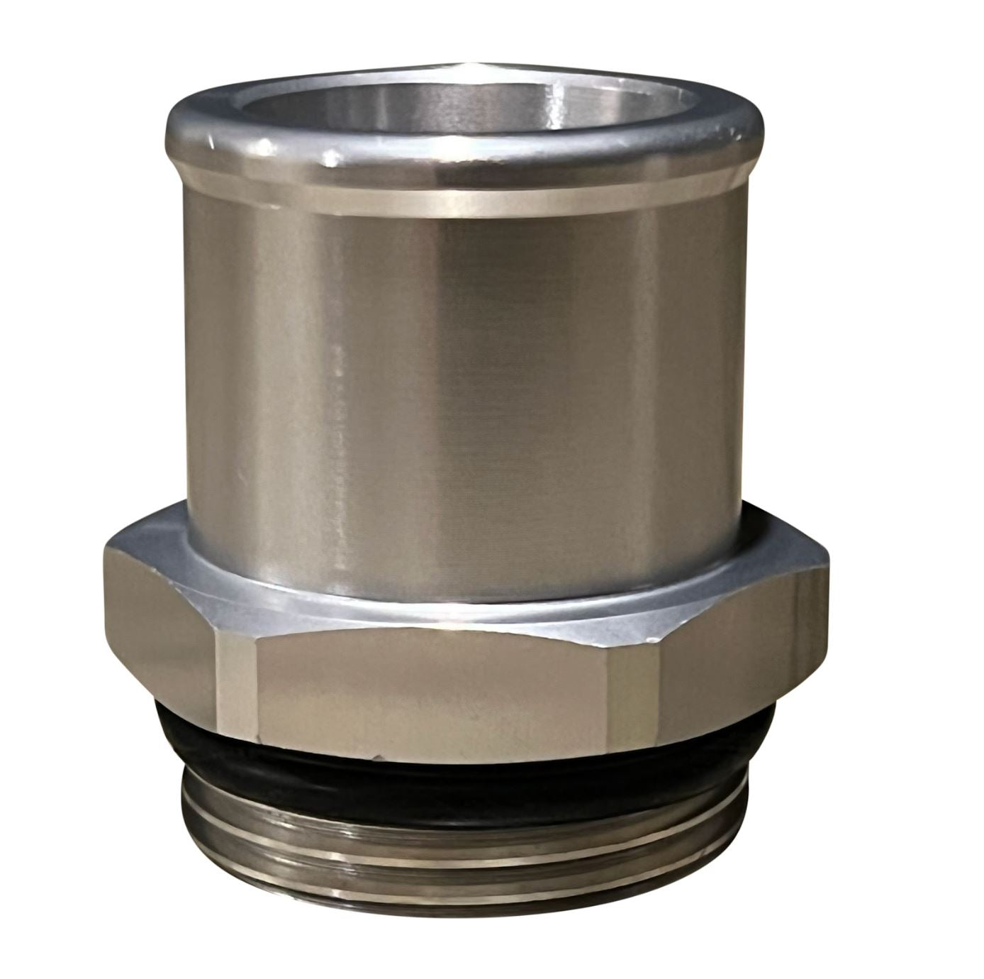 Jack Spania Racing 1.25-inch coolant radiator hose fitting, 16AN ORB to 1.25, designed for engine cooling systems.