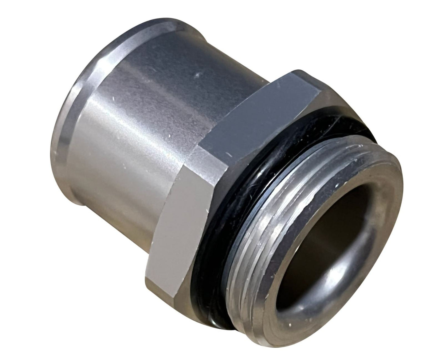 Jack Spania Racing 1.25-inch coolant radiator hose fitting with 16AN ORB to 1.25 inch O-ring for engine cooling systems.