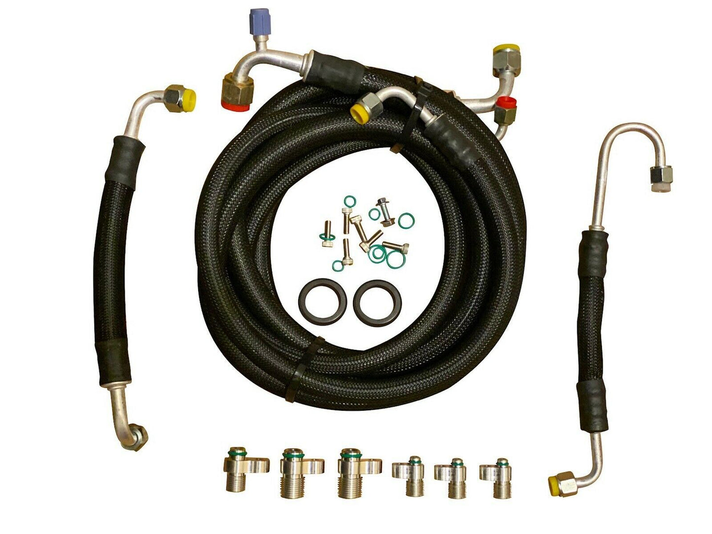Jack Spania Racing B Series AC line tuck kit with condenser installed in Honda Civic Si and Acura Integra DC2 engine bay.