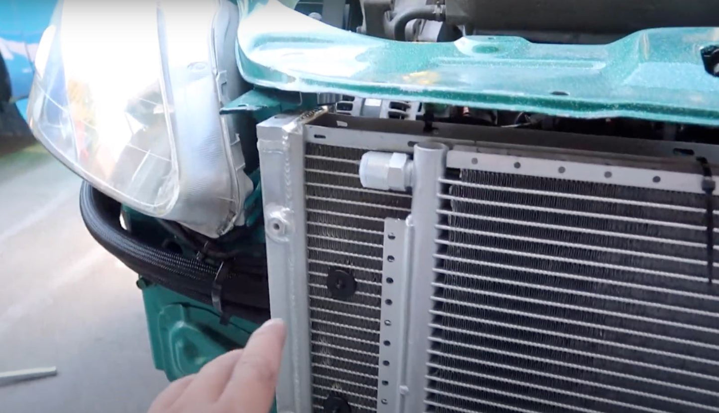 Jack Spania Racing B Series AC line tuck kit installed on Honda Acura Civic Si Integra DC2 engine with condenser, engine parts.