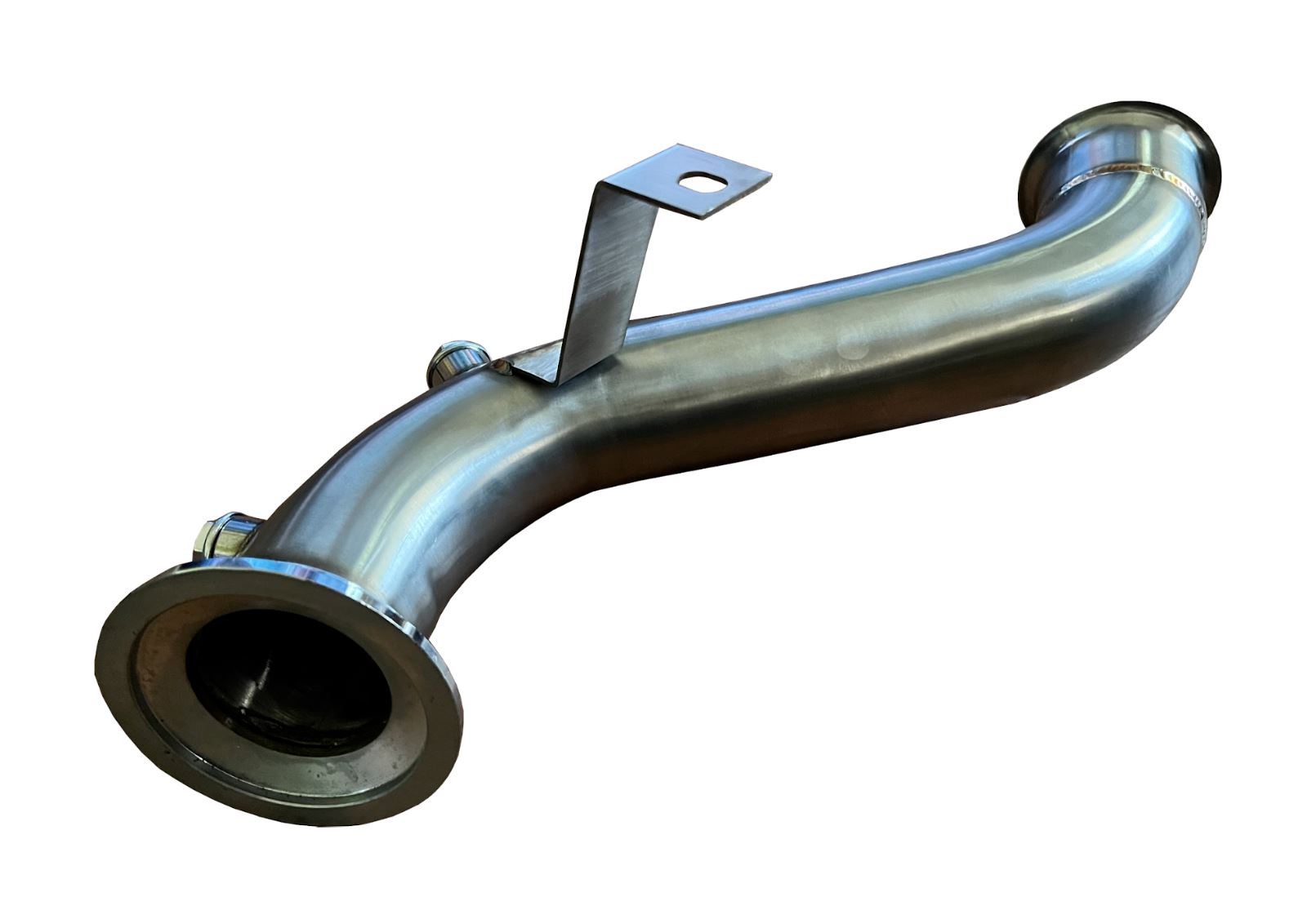 304 stainless steel down pipe for Mercedes C-Class W205, GLC 250, RWD, by Jack Spania Racing, showing polished exhaust part.