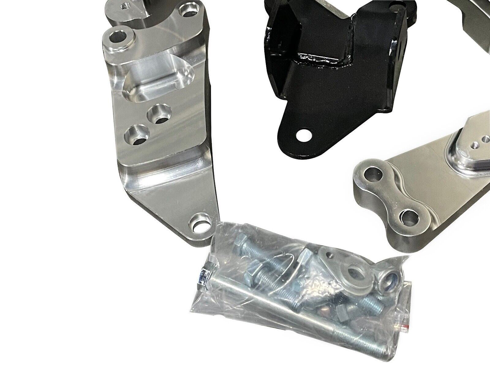 Jack Spania Racing billet engine mount kit for K20 K Series engine swap in Acura RSX DC5 Type S, includes motor mounts and brackets.