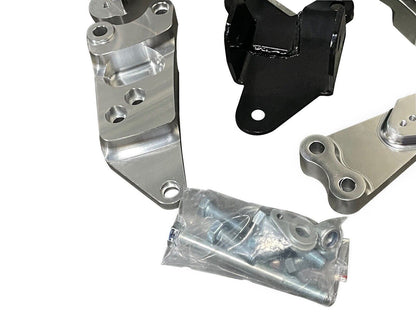 Jack Spania Racing billet engine mount kit for K20 K Series engine swap in Acura RSX DC5 Type S, includes motor mounts and brackets.