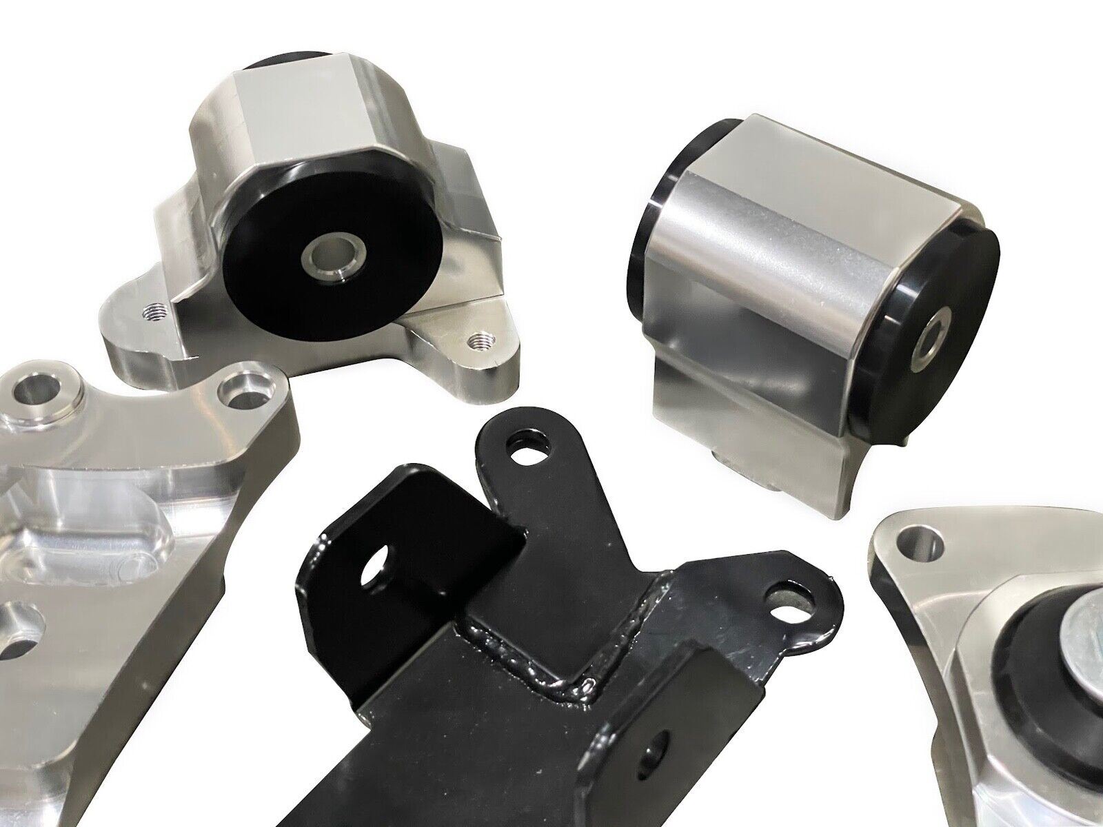 Jack Spania Racing billet K20 K Series engine swap motor mount kit installed in a 2002-2006 Acura RSX DC5 Type S, view of the mounts