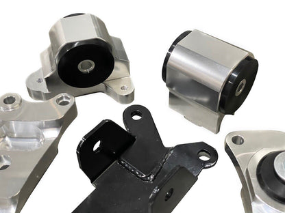 Jack Spania Racing billet K20 K Series engine swap motor mount kit installed in a 2002-2006 Acura RSX DC5 Type S, view of the mounts