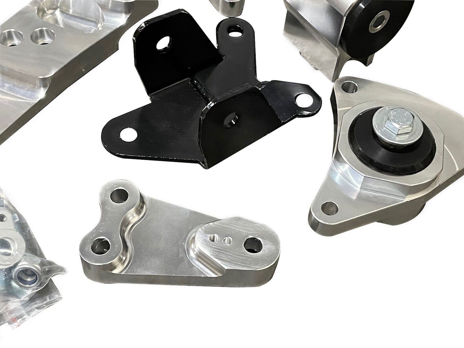 Jack Spania Racing billet K20 K Series engine swap motor mount kit for Acura RSX DC5 Type S 02-06, showing mounted engine components.