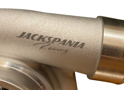 Jack Spania Racing GT3584RS billet wheel turbo with .82 A/R T3/T4 V-band turbine housing, anti-surge flat design for engine performance.