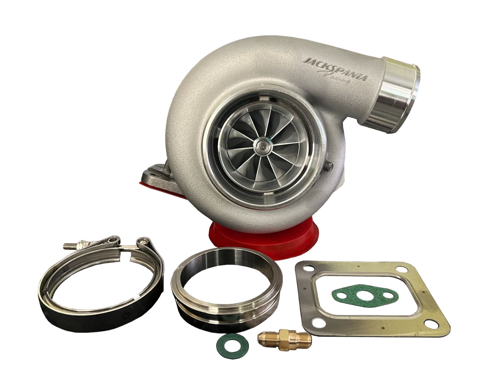 Jack Spania Racing GT3584RS billet wheel turbo with T3/T4 V-band turbine housing, .82 A/R, anti-surge design, engine part.