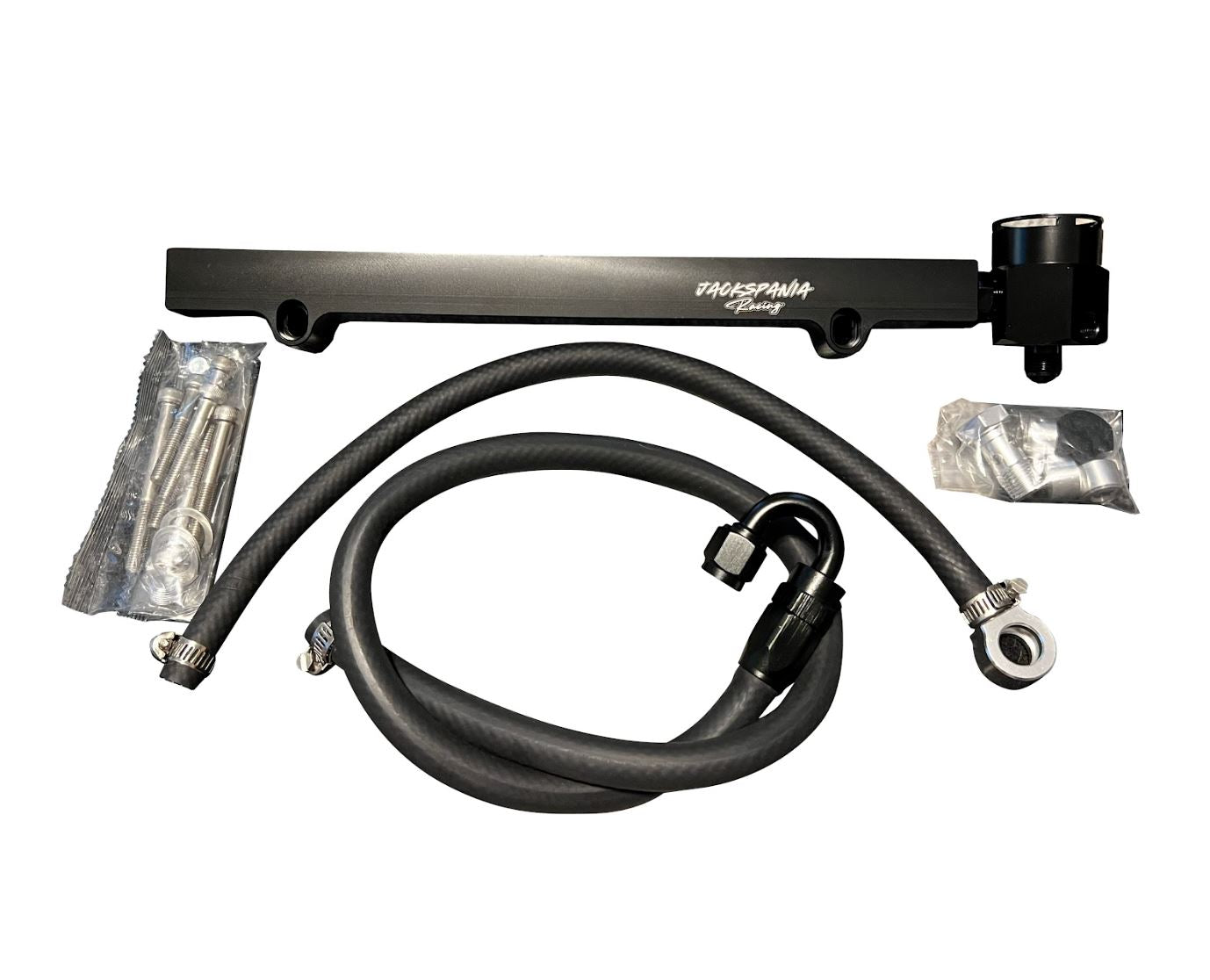 Billet aluminum high flow fuel rail upgrade kit for VW Audi 1.8T Golf A4 engine, by Jack Spania Racing.